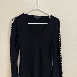 INC International Concepts Black V-Neck Blouse with Pearl Details